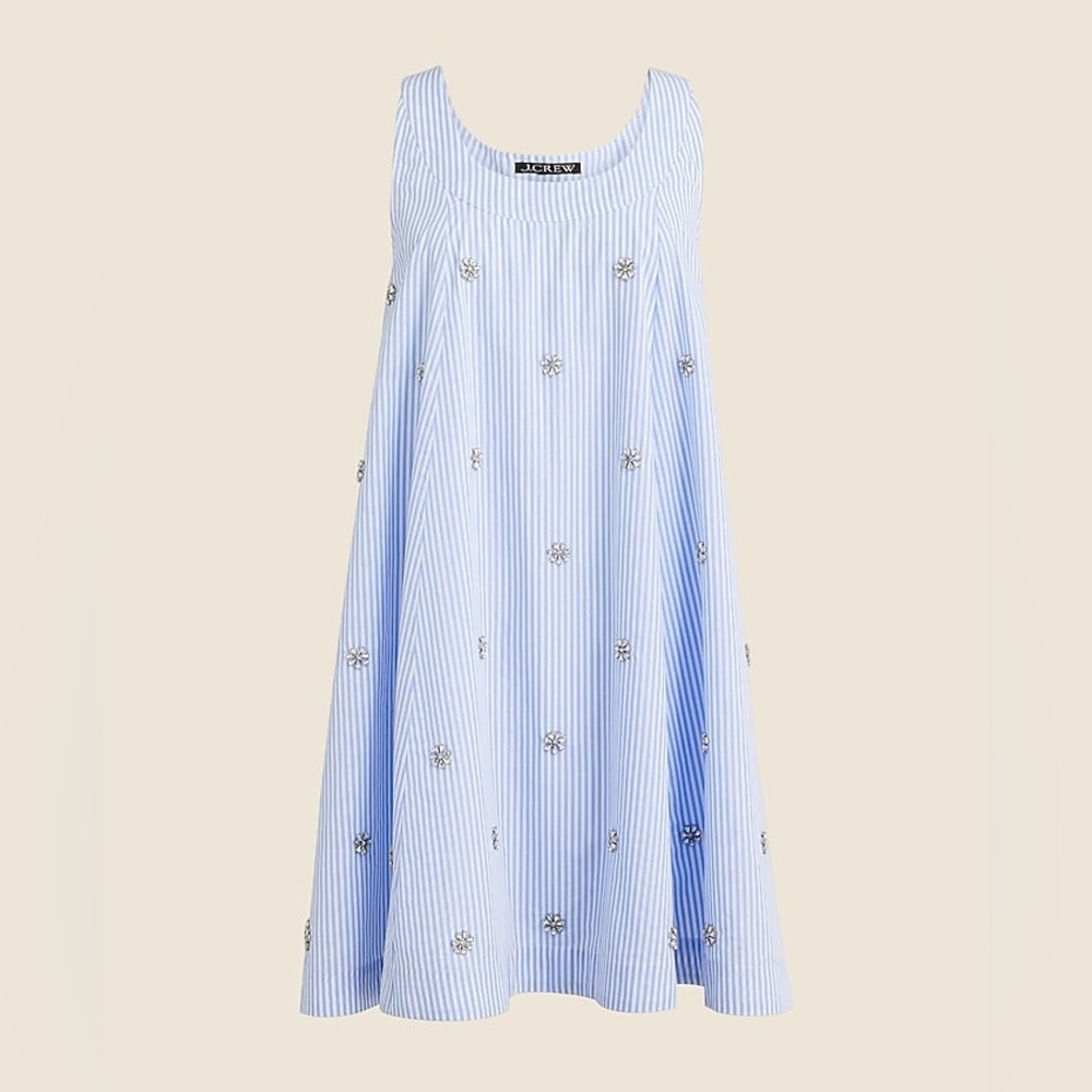 J. Crew Cotton Poplin Embellished Swing Shift Dress blu/whte stripe size XXS NWT